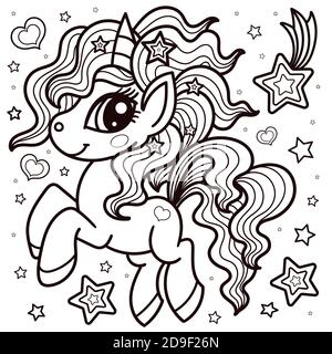 mignonne petite licorne. Image en noir et blanc. Animal fantastique. Pour le design. Coloriage livres, imprimés, affiches, autocollants, tatouages, cartes postales, etc. Vecteur i Illustration de Vecteur