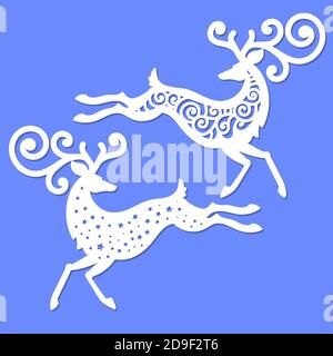 Gabarit pour découpe au laser. Figurines de cerf de Noël. Décoration de Noël. Pour couper à partir de n'importe quel matériau. Pour la conception de cartes postales, Noël tr Illustration de Vecteur