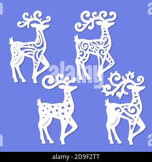 Ensemble de gabarits pour la découpe au laser des cerfs de Noël. Le symbole de la nouvelle année. Pour couper à partir de n'importe quel matériau. Pour la conception de cartes, invitations, CH Illustration de Vecteur