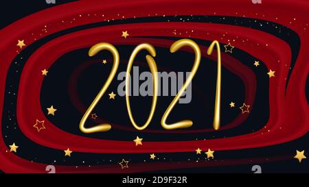 Inscription 3D dorée brillante et réaliste 2021 avec rubans d'ondes rouges sur fond noir. Numéros métallisés dorés parfaits pour les affiches du nouvel an, les LSS Illustration de Vecteur