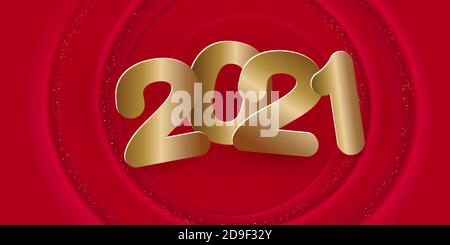 Inscription 3D dorée brillante et réaliste 2021 sur fond rouge avec vagues. Numéros métallisés d'or parfaits pour le design des affiches du nouvel an, carte de vacances, b Illustration de Vecteur