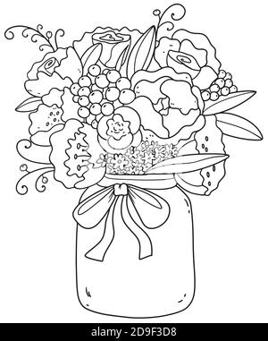 Beau bouquet de pivoines, roses, pâquerettes, lilas. Image romantique. Imprimer un bouquet noir-blanc. Livre de coloriage pour les enfants et les adultes. Méditation Illustration de Vecteur