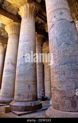 Sur les murs se trouvent quatre rangées de reliefs incisés montrant le roi Euergetes faisant des offrandes aux dieux ou exécutant des actes rituels pris @Edfu, Egypte Banque D'Images