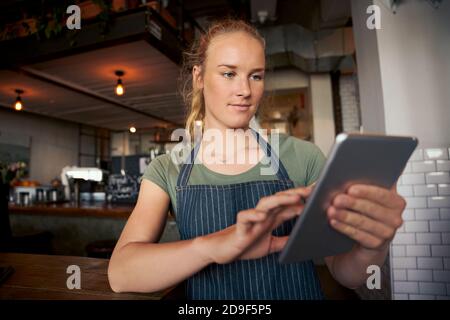 Serveuse jeune femme au café portant un tablier avec une tablette numérique pour vérifier les commandes en ligne Banque D'Images