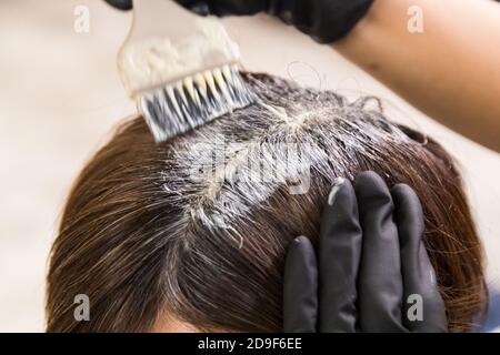 Gros plan de la coiffeuse appliquant un colorant chimique sur les cheveux Banque D'Images