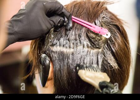 Gros plan de la coiffeuse appliquant un colorant chimique sur les cheveux Banque D'Images