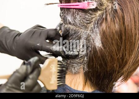 Gros plan de la coiffeuse appliquant un colorant chimique sur les cheveux Banque D'Images