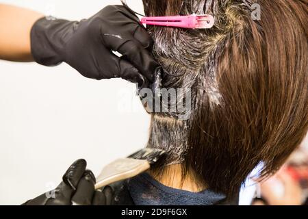 Gros plan de la coiffeuse appliquant un colorant chimique sur les cheveux Banque D'Images