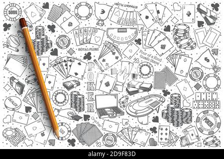 Jeu de doodle vectoriel de poker dessiné à la main Illustration de Vecteur