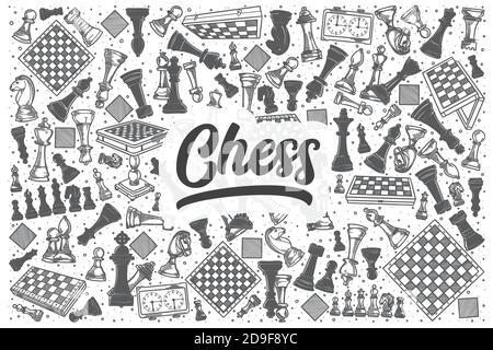 Jeu de doodle vectoriel d'échecs dessiné à la main. Illustration de Vecteur