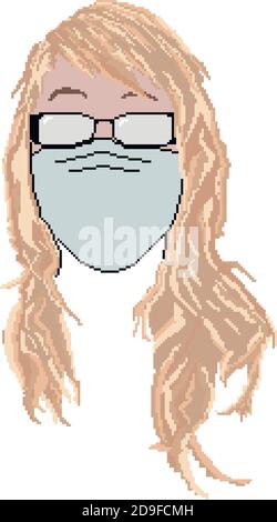 Porter un masque médical de protection pour prévenir le virus covid19, Pixel art d'UNE femme portant un masque illustration de vecteur isolé. Illustration de Vecteur