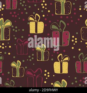 Motif vectoriel sans couture avec boîtes cadeaux colorées. Motif pour un imprimé en tissu, motif papier d'emballage. Illustration de Vecteur