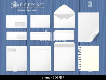 Des enveloppes blanches vierges sont placées sur un arrière-plan quadrillé Illustration de Vecteur