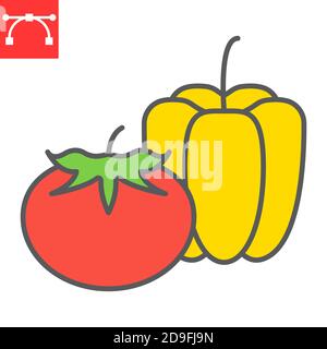 Icône de ligne de couleur de légumes, poivron et tomate, graphiques vectoriels de signe de légumes, icône de contour rempli de trait modifiable, eps 10. Illustration de Vecteur
