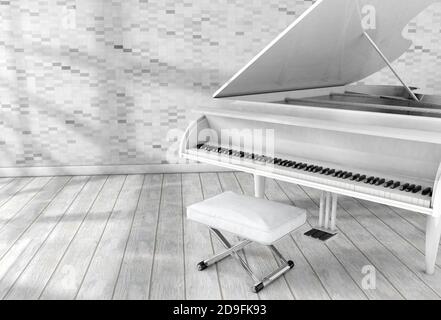 Image surréaliste du piano à queue blanc dans la salle.musique et divertissement.3d illustration Banque D'Images