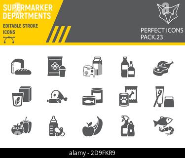 Jeu d'icônes de glyphes des rayons de supermarchés, collection d'épicerie, croquis vectoriels, illustrations de logos, icônes de ventes en ligne, enseignes de rayons de supermarchés Illustration de Vecteur