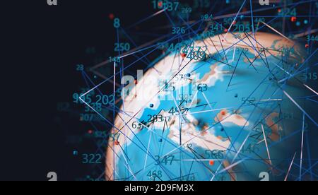 Carte du monde et structure des données. Résumé de la communication et de la technologie. Science des données et concept Big Data. Illustration 3d Banque D'Images