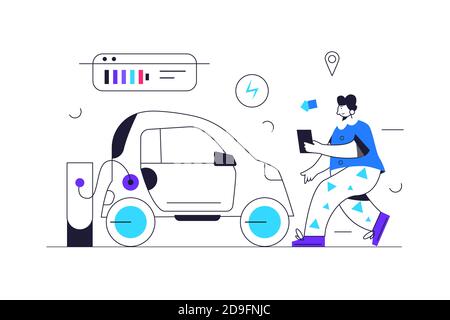 Concept, le gars s'approche de la voiture électrique Illustration de Vecteur