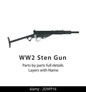 Pistolet de stockage. Arme de sous-machine britannique de la Seconde Guerre mondiale. Pistolets WW2 | pièces par pièces avec nom de couches, idéal pour les animations telles que le tir, Illustration de Vecteur