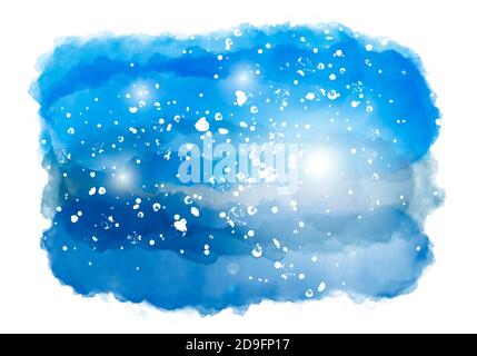 Paysage nocturne aquarelle avec flocons de neige, sunbeam et étoiles. Impression artistique du paysage d'hiver. Nuage de boue isolé sur fond blanc. Compu Banque D'Images