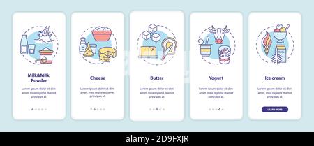 Écran de la page d'application mobile d'intégration des produits laitiers avec des concepts Illustration de Vecteur
