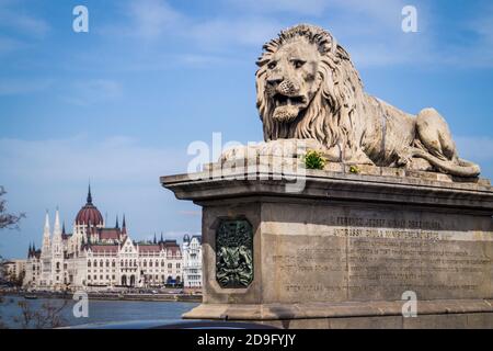 Lion devant le Parlement de Budapest Banque D'Images