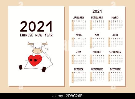 Calendrier, planificateur format A4 pour 2021 avec un joli kawaii White ox. Symbole du nouvel an chinois. Illustration vectorielle d'un taureau souriant heureux, vache rouge Illustration de Vecteur