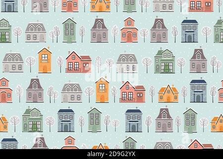 Motif vectoriel sans couture avec maisons d'hiver et arbres. Illustration de Vecteur