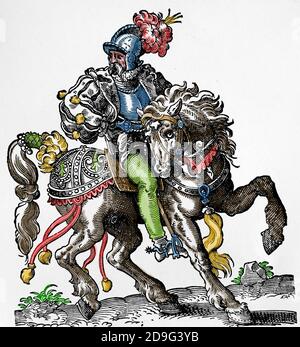 Renaissance. Cavalryman (soldat dans la cavalerie). Engravinb par Jost Amman, XVIe siècle. Coloration ultérieure. Banque D'Images