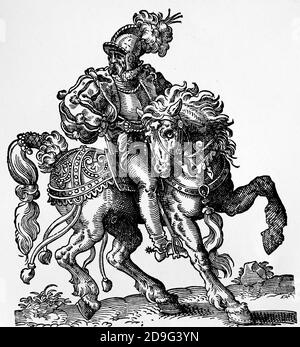 Renaissance. Cavalryman (soldat dans la cavalerie). Engravinb par Jost Amman, XVIe siècle. Coloration ultérieure. Banque D'Images