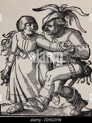 L'ère moderne. Renaissance. xvie siècle. Couple paysan dansant. Gravure par Jost Amman, 1599. Banque D'Images