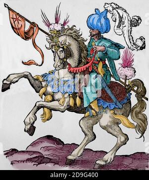 L'ère moderne. Empire ottoman. xvie siècle. Cavalryman turc avec pennant. Gravure de Jost Amman, XVIe siècle. Coloration ultérieure. Banque D'Images