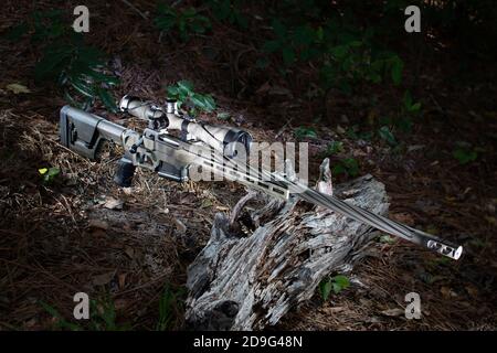 Fusil de sniper à motif camouflage avec champ de carabine dans la forêt Banque D'Images