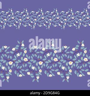 Bordure florale, branches avec feuilles de sarcelle et fleurs de crème légère sur le violet. Illustration vectorielle, design pour affiche, bannière, invitation, livre, tissu de mode, emballage. Illustration de Vecteur