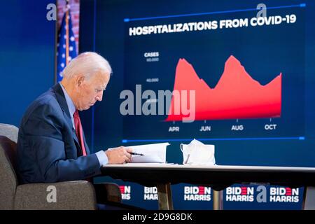 WILMINGTON, DE, États-Unis - 28 octobre 2020 - Joe Biden, candidat démocrate à la présidence des États-Unis, lors d'un briefing de la COVID-19 à Wilmington, au Delaware, aux États-Unis, au cours du Banque D'Images