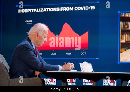 WILMINGTON, DE, États-Unis - 28 octobre 2020 - Joe Biden, candidat démocrate à la présidence des États-Unis, lors d'un briefing de la COVID-19 à Wilmington, au Delaware, aux États-Unis, au cours du Banque D'Images