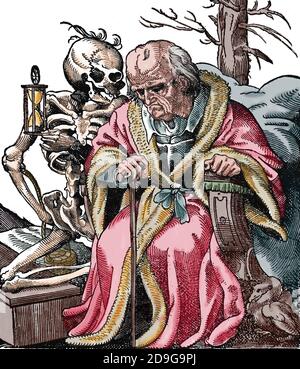 Le vieil homme et la mort. Gravure par Jost Amman, 1599. Période moderne. Europe. Coloration ultérieure. Banque D'Images