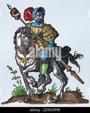 Joutes. Renaissance. Chevalier avec lance. Gravure de Jost Amman, XVIe siècle. Coloration ultérieure. Banque D'Images
