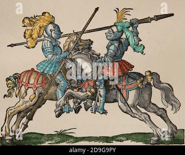 Joutes. Renaissance. xvie siècle. Jouster avec lance. Gravure de Jost Amman, XVIe siècle. Coloration ultérieure. Banque D'Images