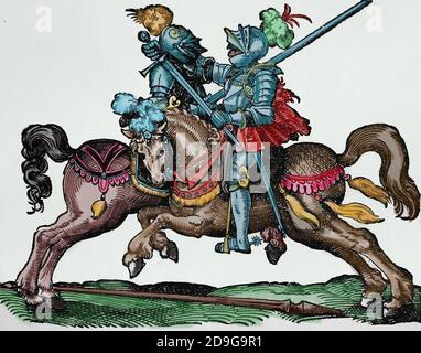 Joutes. Renaissance. Joueuses avec lance et épée. Gravure de Jost Amman, XVIe siècle. Coloration ultérieure. Banque D'Images