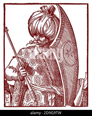L'ère moderne. Empire ottoman. xvie siècle. Turk avec bouclier et sceptre. Gravure de Jost Amman, XVIe siècle. Banque D'Images