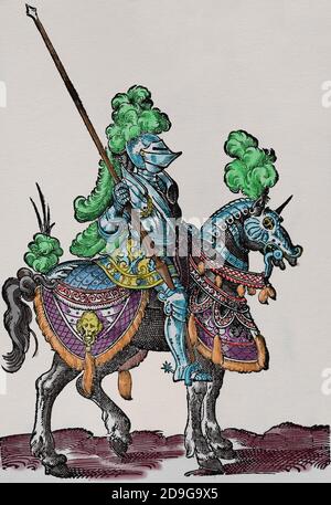 Joutes. Renaissance. Jouster avec lance. Engravinb par Jost Amman, XVIe siècle. Coloration ultérieure. Banque D'Images