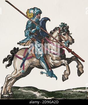 Joutes. Renaissance. Chevalier avec lance. Engravinb par Jost Amman, XVIe siècle. Coloration ultérieure. Banque D'Images
