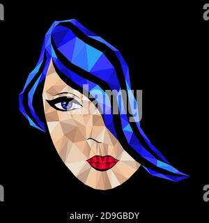 Le beau visage de femme de mosaïque, les cheveux dans des teintes bleu foncé isolées sur le fond noir Illustration de Vecteur
