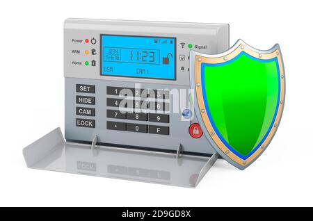 Système d'alarme de sécurité à domicile avec blindage, rendu 3D isolé sur fond blanc Banque D'Images