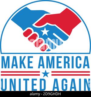 Illustration de style rétro de deux mains américaines dans une entreprise Poignée de main de l'amitié avec l'étoile des États-Unis au centre et des mots Refaites America United sur isola Illustration de Vecteur