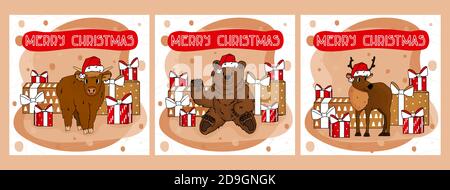 Ensemble de cartes mignonnes pour Noël et la nouvelle année 2021 de dessin animé boeuf, cerf et ours avec des cadeaux de la nouvelle année, chapeau de père Noël et texte rouge Joyeux Noël Illustration de Vecteur