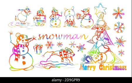 Ensemble d'articles de Noël. Bonhomme de neige multicolore. Joyeux Noël et bonne année, médias mixtes. Illustration vectorielle Illustration de Vecteur