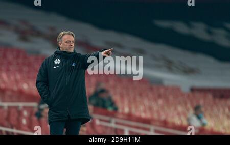 Londres, Royaume-Uni. 6 novembre 2020. L'entraîneur-chef de Molde, Erling Moe, réagit lors du match de l'UEFA Europa League Group B entre Arsenal FC et Molde FK au stade Emirates de Londres, en Grande-Bretagne, le 5 novembre 2020. Credit: Xinhua/Alay Live News Banque D'Images