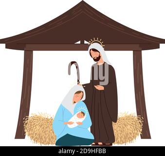 nativité, scène de la mangeoire marie avec le bébé jésus et joseph dans l'illustration du vecteur de la hutte Illustration de Vecteur
